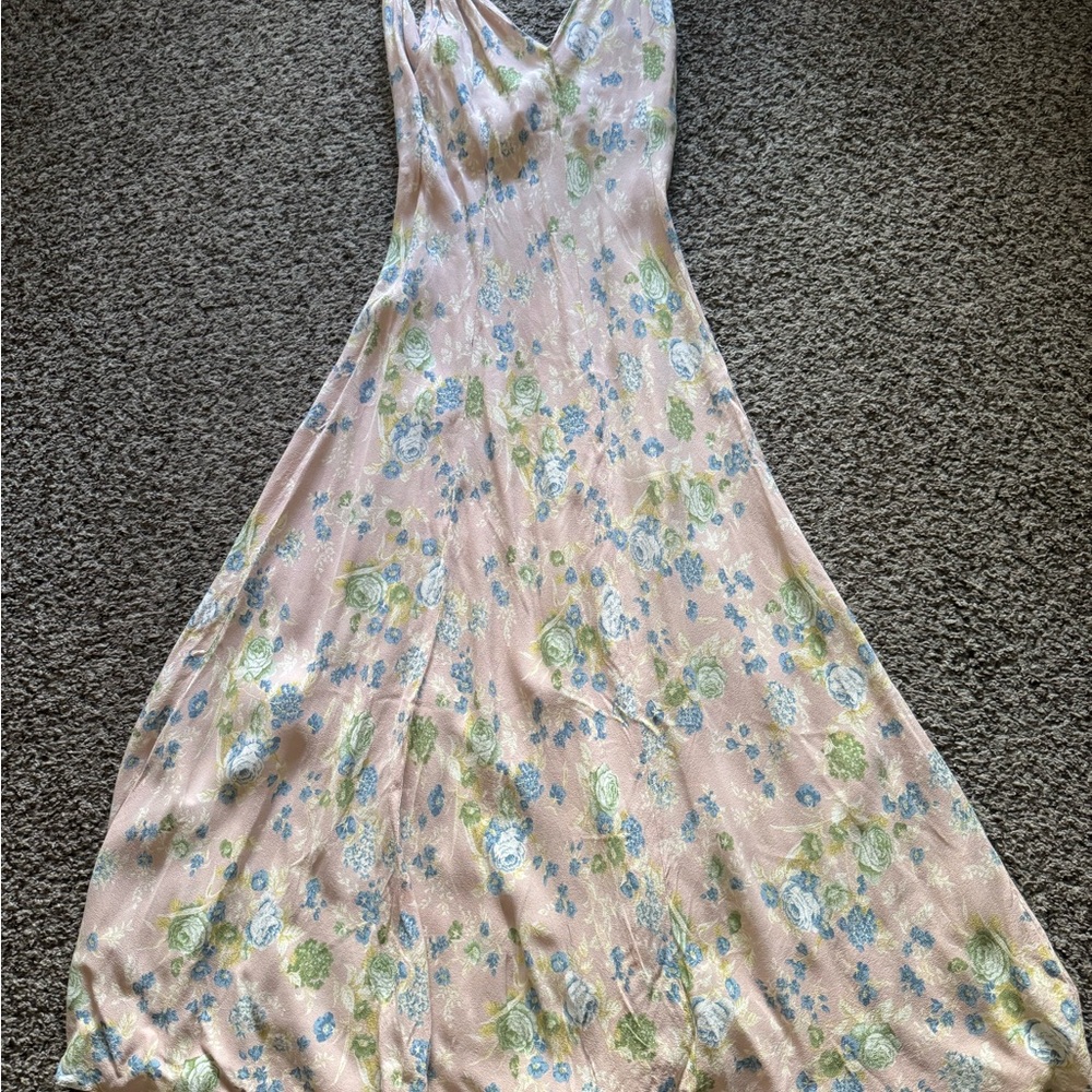 Zara botanical Pink with blue and gran florals Maxi Dress Sz small